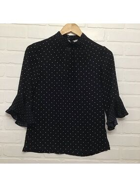 H&M Navy White Polka Dot Crepe Blouse Tulip Sleeves Office Career Size2 feminine